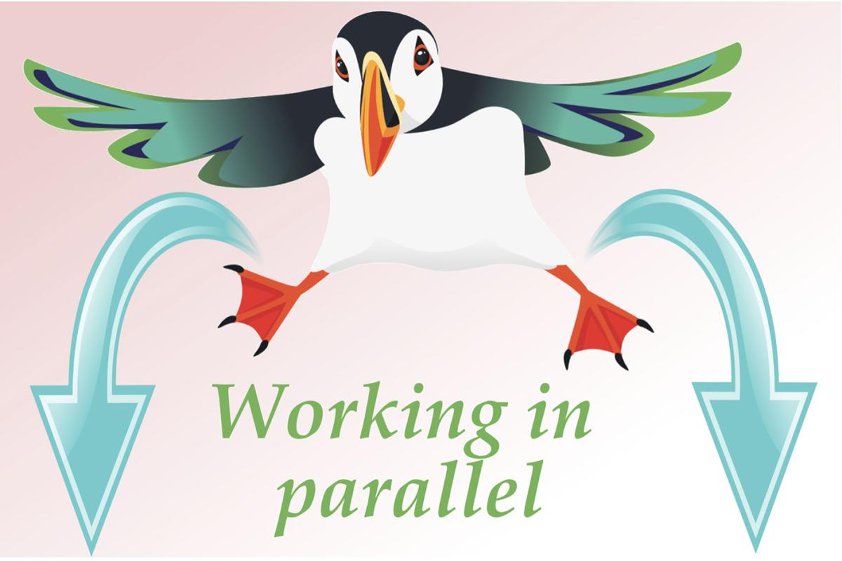 A puffin in landing pose above the words "Working in parallel".