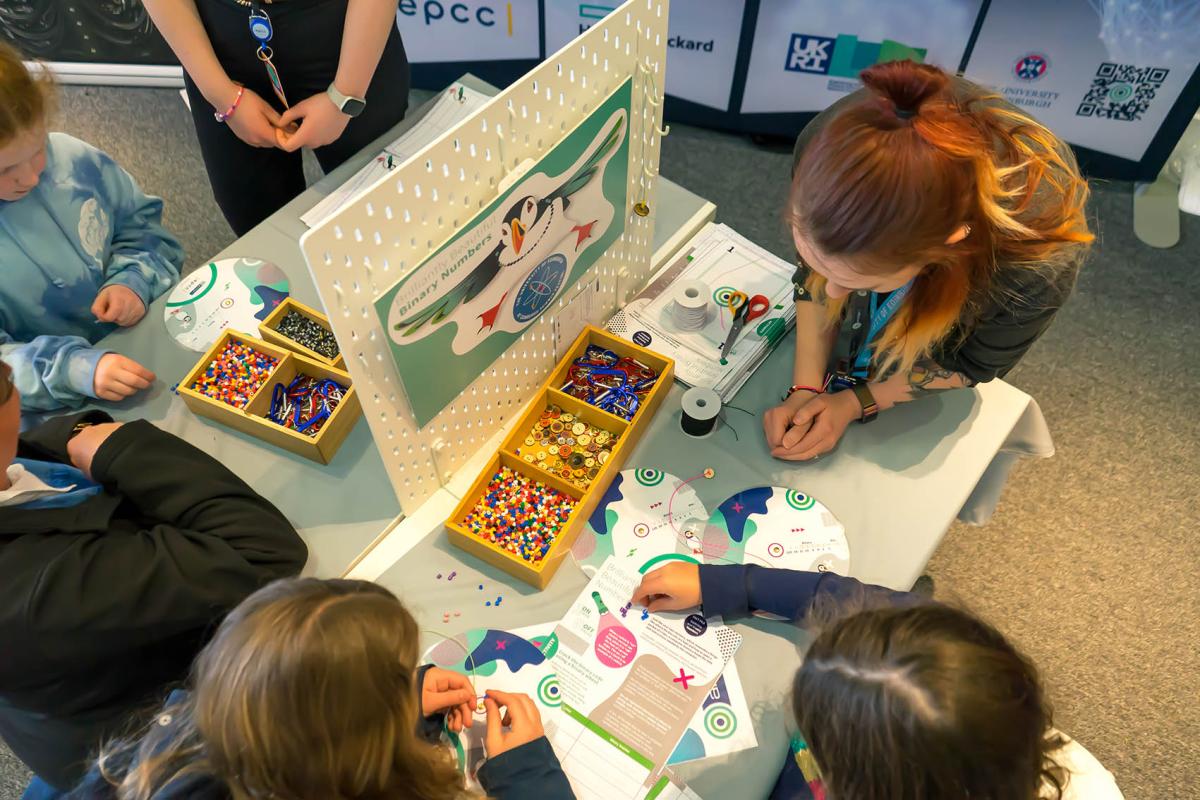 View from above of children at table engaged in a game