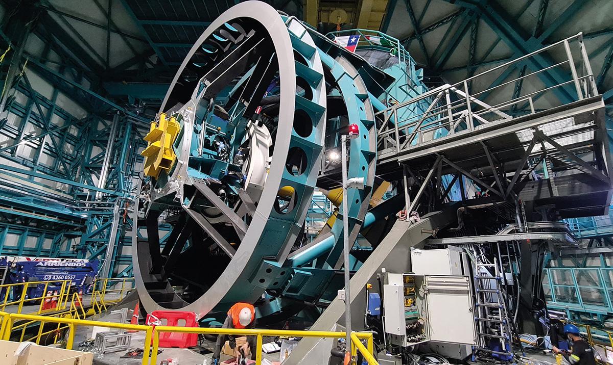 Inside the observatory, progress continues on the telescope mount assembly.  Image: Rubin Obs/NSF/AURA.