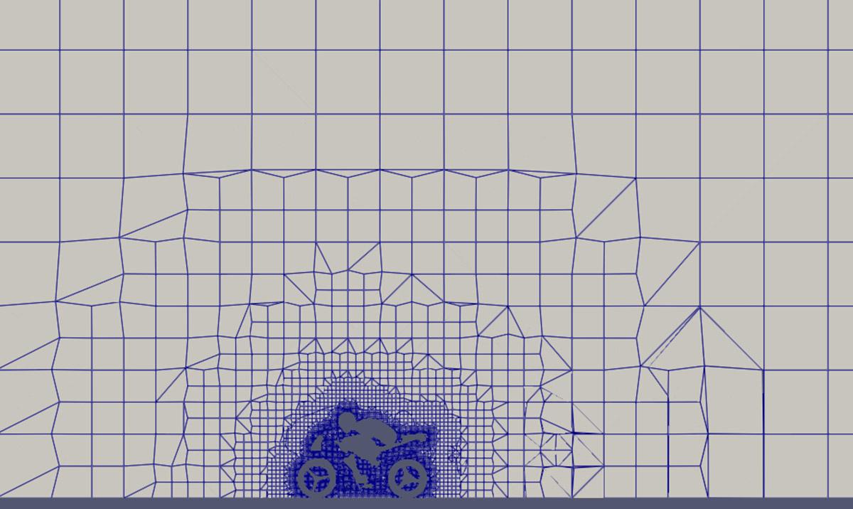 Example mesh of the OpenFOAM motorbike test case generated by snappyHexMesh. N. Majksner & W. Remmerie; “Adaptive Mesh Refinement by Air Shaper”; https://wiki.openfoam.com/Adaptive_Mesh_Refinement_by_Air_Shaper; accessed 30th August 2024.