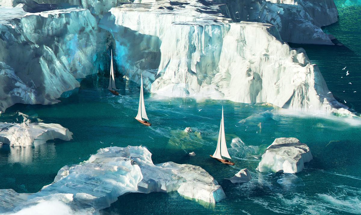 Image by Oksana Dobrovolska created in Blender showing 3 sailing ships among icy landscape