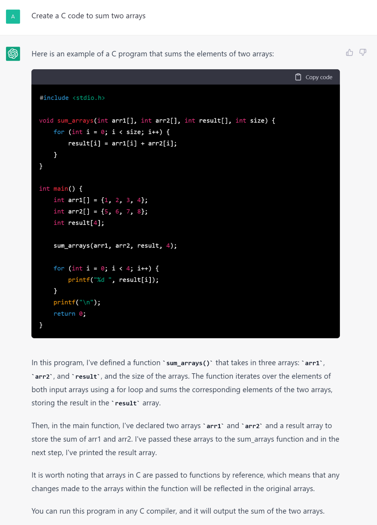 C program generated by ChatGPT to sum two arrays