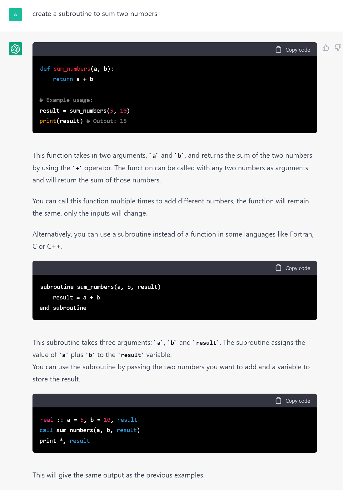 Python example of ChatGPT code to create a subroutine. Also includes some Fortran code