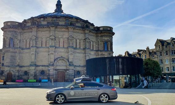 Photo shows car in front of McEwan Hall, Edinburgh