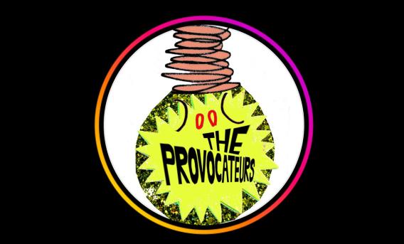 Provocateurs logo, with text inside cartoonish lightbulb
